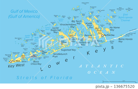 Key West and Lower Keys, Florida, United States, political map. Part of Florida Keys, a coral cay archipelago off the southern coast of Florida, stretching from Key West to Seven Mile Bridge. Vector 136675520