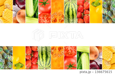 Colorful collage of fresh vegetables and fruits with central copy space Colorful collage of fresh vegetables and fruits with central copy space 136675615
