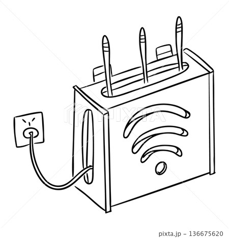 Wifi router with antenna and cable connected to socket in hand drawn outline style isolated on light background. Wireless internet connection concept for technology, network and communication design Wifi router with antenna and cable connected to socket in hand drawn outline style isolated on light background. Wireless internet connection concept for technology, network and communication design 136675620