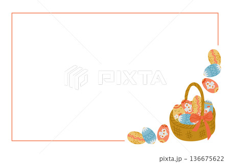 Easter banner with basket of decorated egg and frame border on light background. Spring holiday concept for greeting card, invitation and festive design Easter banner with basket of decorated egg and frame border on light background. Spring holiday concept for greeting card, invitation and festive design 136675622