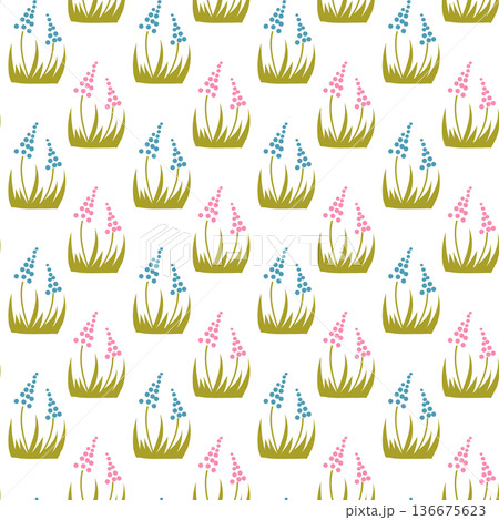 Seamless pattern with spring flower and grass in flat hand drawn style on light background. Nature ornament concept for textile, wallpaper and surface design Seamless pattern with spring flower and grass in flat hand drawn style on light background. Nature ornament concept for textile, wallpaper and surface design 136675623