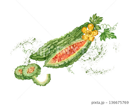 Watercolor illustration of a bitter melon with an open fruit, sliced pieces, and splashes of juice. All hand-painted in watercolor. Suitable for product packaging, textiles, and nutrition. 136675769