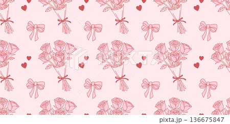 Seamless pattern with roses and bows on a background. Fabric print. 136675847