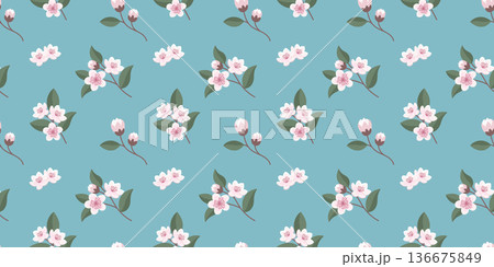Seamless pattern with cherry blossom flowers on blue background. Fabric print. 136675849