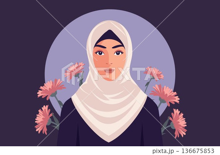 Serene muslim woman on a background with flowers. Womens Day banner. Illustration. Serene muslim woman on a background with flowers. Womens Day banner. Illustration. 136675853