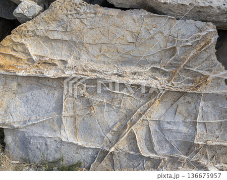 Ancient Patterns: Dolomite Blocks with Crystalline Calcium Veins Ancient Patterns: Dolomite Blocks with Crystalline Calcium Veins 136675957