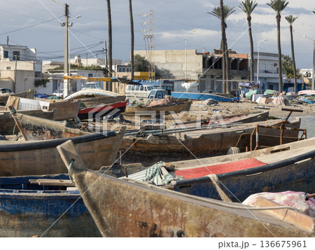 Patient Vessels: Old Fishing Boats Awaiting the Tide 136675961