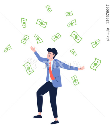 Happy man under falling money. Dollar bill rain 136676067