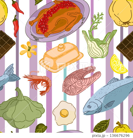 Seamless pattern, swatch, and background. Various vintage hand-drawn food illustrations. Cozy Mediterranean cartoon style. On a striped background. Seamless pattern, swatch, and background. Various vintage hand-drawn food illustrations. Cozy Mediterranean cartoon style. On a striped background. 136676296
