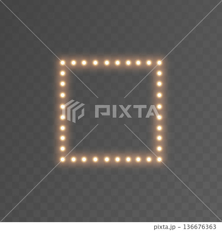 Light bulb gold square frame. Glitter luxury decoration. Golden lamp rectangle banner. Retro neon wall billboard. Cinema, casino design. Mirror background. Marquee circus bg. Vector illustration Light bulb gold square frame. Glitter luxury decoration. Golden lamp rectangle banner. Retro neon wall billboard. Cinema, casino design. Mirror background. Marquee circus bg. Vector illustration 136676363