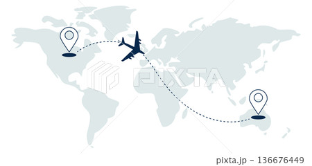 International flight route on world map. Airplane travel International flight route on world map. Airplane travel 136676449