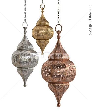Decorative copper, brass and silver arabic lanterns isolated on white background Decorative copper, brass and silver arabic lanterns isolated on white background 136676552