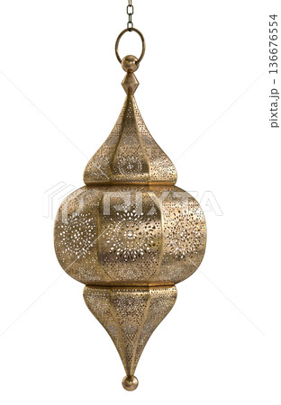 Decorative copper, brass and silver arabic lanterns isolated on white background 136676554