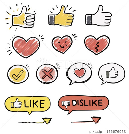 Hand Drawn Like Dislike and Heart Icons Set 136676958