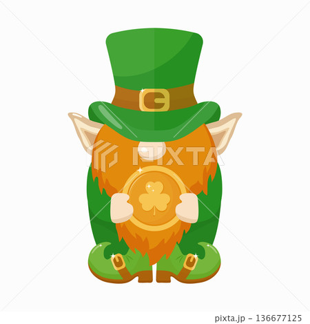 Cartoon leprechaun gnome with an orange beard and green hat holding a gold coin with a clover. For St. Patrick's Day celebration design. A design element for a traditional Irish holiday Cartoon leprechaun gnome with an orange beard and green hat holding a gold coin with a clover. For St. Patrick's Day celebration design. A design element for a traditional Irish holiday 136677125
