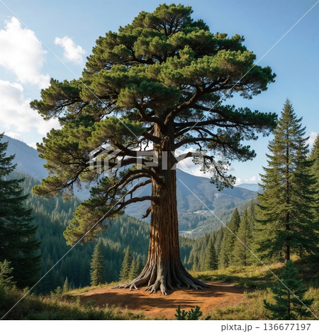The image shows a large coniferous pine tree, probably of the Pinus species, or a similar species such as western juniper 136677197