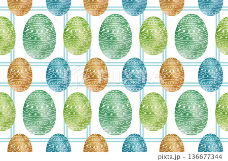 Seamless pattern of watercolor Easter eggs on a checkered background. Spring holiday design with painted eggs and a decorative pattern for textiles, holiday packaging, or decor. Seamless pattern of watercolor Easter eggs on a checkered background. Spring holiday design with painted eggs and a decorative pattern for textiles, holiday packaging, or decor. 136677344