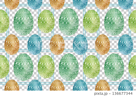 Seamless pattern of watercolor Easter eggs on a checkered background. Spring holiday design with painted eggs and a decorative pattern for textiles, holiday packaging, or decor. Seamless pattern of watercolor Easter eggs on a checkered background. Spring holiday design with painted eggs and a decorative pattern for textiles, holiday packaging, or decor. 136677344