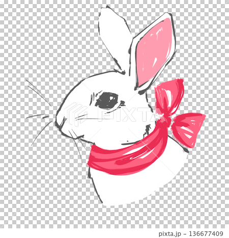 Hand drawn watercolor illustration of cute white rabbit character with red bow around neck. Minimalist animal sketch for Easter Hand drawn watercolor illustration of cute white rabbit character with red bow around neck. Minimalist animal sketch for Easter 136677409
