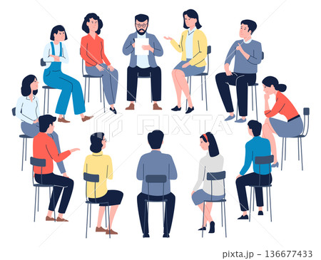 Therapy group concept. People siting in circle and talking 136677433