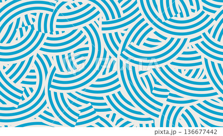 Seamless abstract geometric pattern featuring blue overlapping circular lines and waves. Creative striped messy background. Modern minimalist texture suitable for Japanese-style designs, fabric. Seamless abstract geometric pattern featuring blue overlapping circular lines and waves. Creative striped messy background. Modern minimalist texture suitable for Japanese-style designs, fabric. 136677442
