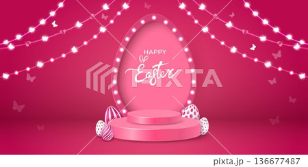 Easter postcard with a stage, podium, egg-shaped arch, garlands and decorative eggs on a scarlet background. Easter postcard with a stage, podium, egg-shaped arch, garlands and decorative eggs on a scarlet background. 136677487