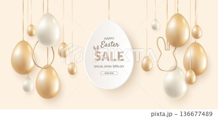 Easter sale banner design with up to 50 discount with realistic gold and white eggs on beige background. 136677489