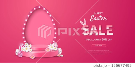 Easter holiday banner design with decorative eggs, podium and egg-shaped frame and flowers on a scarlet background. Easter holiday banner design with decorative eggs, podium and egg-shaped frame and flowers on a scarlet background. 136677493