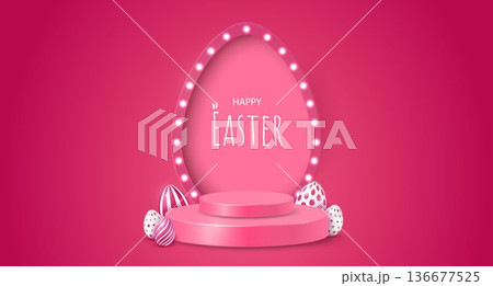 Easter postcard with a stage, podium, egg-shaped arch and lighting, decorative eggs and an inscription on a scarlet background. 136677525