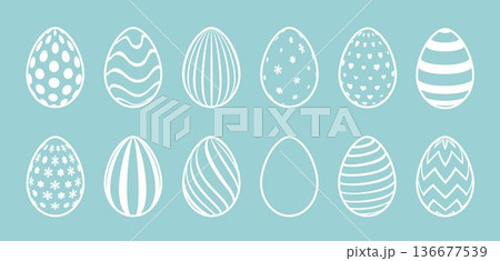 A set of Easter eggs with cute decorative patterns on a blue background. A set of silhouettes of eggs with patterns. 136677539