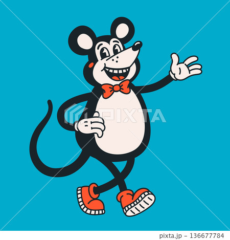 Retro cartoon mouse character in groovy vintage illustration style with bold outlines and bright blue background. Retro mouse character in groovy vector style for tickers, posters, apparel. 136677784