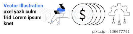 Business management, digital transformation, currency, teamwork, workflow, productivity. Woman working on a laptop, dollar symbols gear icon with connected people. Business management and digital 136677791