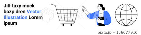 E-commerce, online business, global trade, digital shopping, retail marketing, logistics. Shopping cart, professional woman and globe symbol. E-commerce and online business concept 136677910
