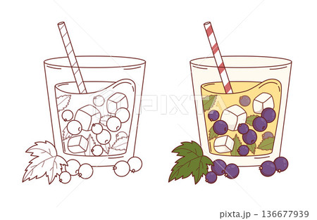 Blackcurrant Lemonade Line Art. Summer Drink Coloring Page with Berry, Ice and Mint in Glass. Isolated  Vector Illustration 136677939