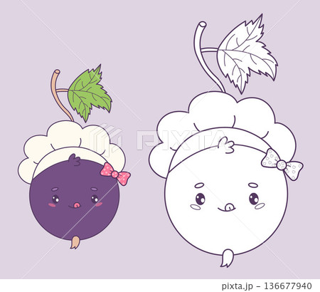 Cute Blackcurrant Chef Girl. Coloring Page. Isolated Outline Color and Funny Cartoon Berry Currant Character with Professional Hat. Vector illustration. Kids Collection 136677940