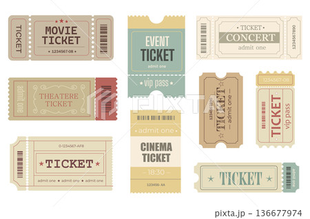 Vintage ticket elements set design. Collection with retro admit pass for movie, event, concert, theatre, cinema and other party, paper entry coupon, cardboard admission flier. Vector illustration. 136677974