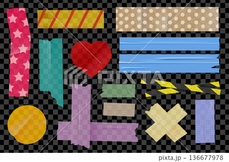 Tape stickers elements set design. Collection with colourful sticky scotch tapes with torn edges, transparent glued round and heart shapes templates and cross overlay ribbons. Vector illustration. 136677978