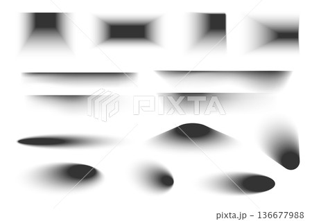 Drop shadow effect elements set design. Collection with different soft grey rectangle, linear, oval, round and other shape of overlays and borders on floor and wall surfaces. Vector illustration. 136677988