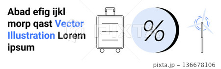 Travel, sustainability, economics, renewable energy, discounts, tourism. Visuals include luggage, percentage symbol wind turbine. Travel and sustainability concept Travel, sustainability, economics, renewable energy, discounts, tourism. Visuals include luggage, percentage symbol wind turbine. Travel and sustainability concept 136678106