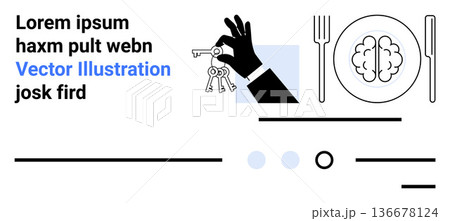 Business solutions, decision-making, knowledge acquisition, creativity, brainstorming, dining concepts. Hand holding keys and brain on plate with utensils. Decision-making and business solutions 136678124