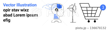 Artificial intelligence, sustainability, technology, online shopping, renewable energy, conceptual design. Human head with AI brain, wind turbine shopping cart. Artificial intelligence 136678132