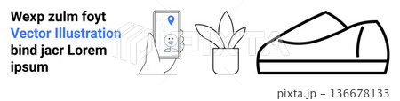 Navigation tools, e-commerce, shopping trends, indoor living, digital interaction, minimalism. Phone with location icon, potted plant and shoe outline. Navigation tools and e-commerce 136678133