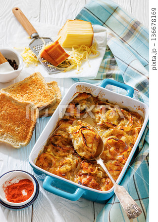 Tennessee onions baked casserole with cheese and toast Tennessee onions baked casserole with cheese and toast 136678169