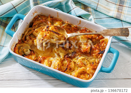 onion gratin in a blue ceramic dish onion gratin in a blue ceramic dish 136678172