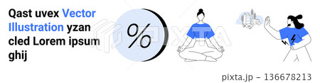 Mindfulness, finance, sustainability, technology, wellness, lifestyle. Woman meditating, percentage symbol and eco-friendly city . Mindfulness and finance illustrated in a clean style 136678213