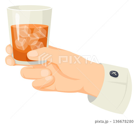 Hand hold brandy glass. Whiskey with ice cubes drink 136678280