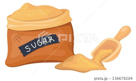 Sugar bag. Sugarcane product sack with wooden scoop Sugar bag. Sugarcane product sack with wooden scoop 136678284