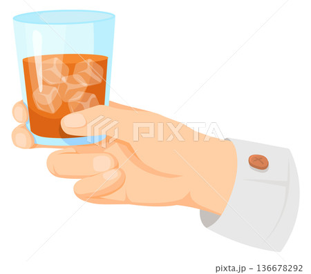 Whiskey glass in male hand. Brandy or scotch drink Whiskey glass in male hand. Brandy or scotch drink 136678292