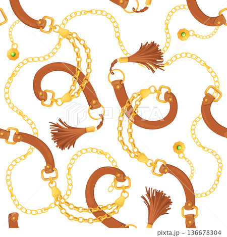 Leather belt with golden chains and vintage tassel seamless pattern 136678304