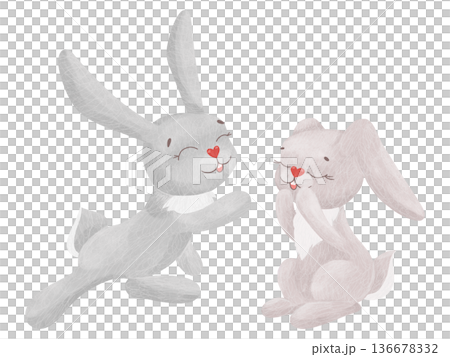 Hare, rabbit, a pair of cute, gentle characters in pastel colors. Watercolor, pastel. Cartoon illustration in a simple, flat style. Set of design elements for printing, prints, products, materials Hare, rabbit, a pair of cute, gentle characters in pastel colors. Watercolor, pastel. Cartoon illustration in a simple, flat style. Set of design elements for printing, prints, products, materials 136678332